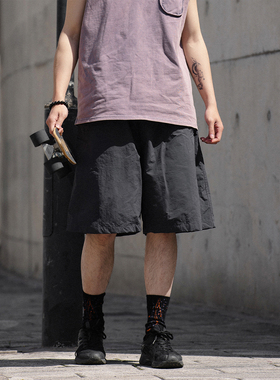 NOEARS黑灰色大口袋宽松短裤男日系cityboy工装五分休闲基础短裤