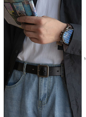 NOEARS复古百搭日字合金扣懒人牛仔裤皮带男女通用真皮军训腰带潮