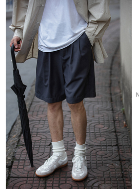 NOEARS通勤黑灰色垂感宽松西装短裤男日系cityboy工装五分休闲裤