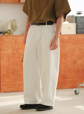 NOEARS日系复古白色松紧腰宽松阔腿弯刀长裤cityboy牛仔裤男女