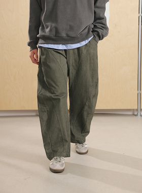 NOEARS日系复古风绿色宽松做旧弯刀裤分割线设计痞帅通勤休闲裤男