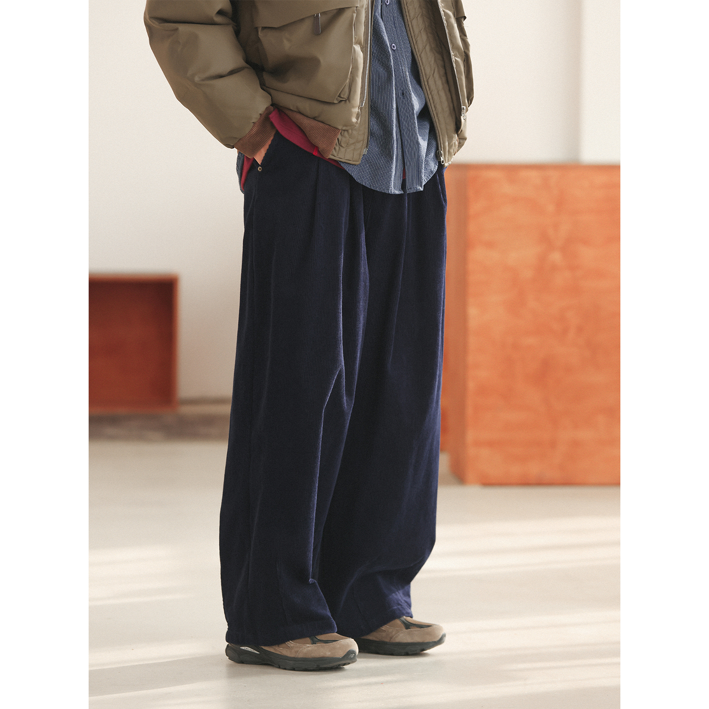 NOEARS冬季复古藏青色灯芯绒工装长裤日系cityboy宽松阔腿休闲裤