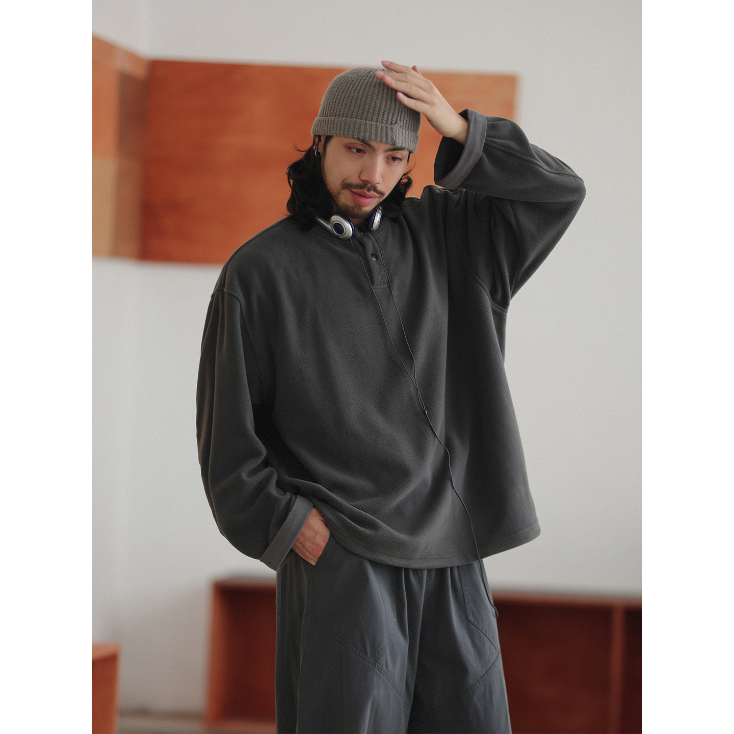 NOEARS日系复古灰色宽松落肩袖摇粒绒卫衣秋季休闲长袖套头上衣