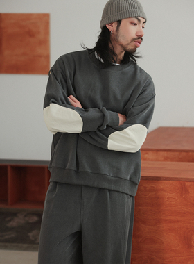 NOEARS春秋复古深灰色宽松圆领拼接卫衣日系设计感长袖套头上衣