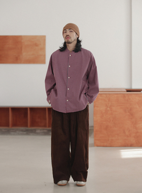 NOEARS日系cityboy红色格子小立领夹克春秋复古宽松格纹外套情侣