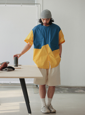 NOEARS春夏复古撞色宽松圆领黄色拼接T恤日系假两件套头短袖上衣