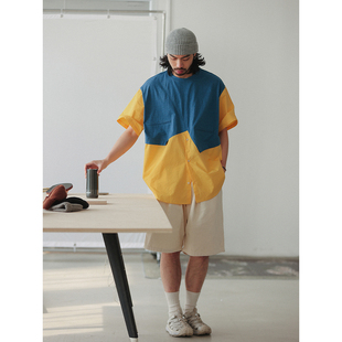 NOEARS春夏复古撞色宽松圆领黄色拼接T恤日系假两件套头短袖 上衣