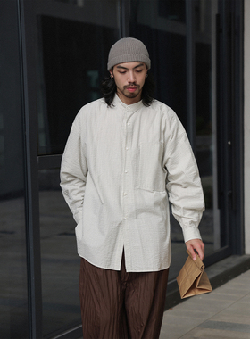 NOEARS春秋白色条纹中长款长袖衬衫日系立领复古设计感贴袋衬衣