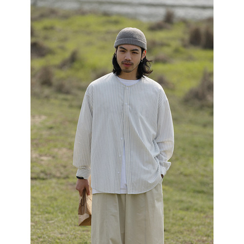 NOEARS无领竖条纹长袖衬衫男宽松日系复古少年感叠穿纯棉薄衬衣