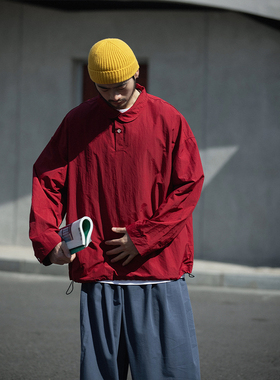 NOEARS复古红色套头青果领半开襟衬衫男防水痞帅日系户外上衣长袖