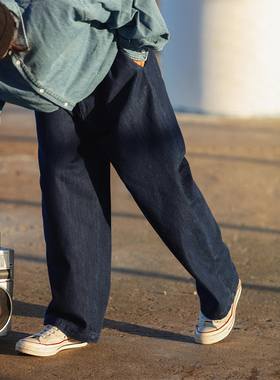 NOEARS复古高街工装深蓝色直筒垂感牛仔裤阔腿宽松日系休闲松紧腰