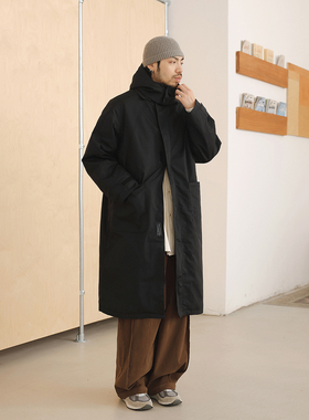 NOEARS黑色早春冲锋衣长款过膝薄棉风衣宽松防风收腰工装外套连帽
