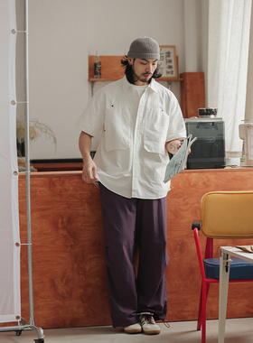 NOEARS春夏复古工装白色双口袋短袖衬衫日系cityboy宽松半袖衬衣