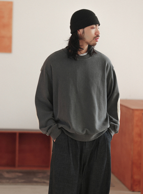 NOEARS日系复古深灰色设计感套头上衣冬季宽松圆领拼接通勤卫衣