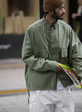 NOEARS复古绿水洗做旧宽松短款工装翻领外套男薄款加大加肥设计感