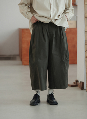NOEARS春秋复古深灰绿色宽松阔腿休闲裤日系松紧腰痞帅通勤八分裤