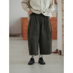 日系松紧腰痞帅通勤八分裤 NOEARS秋季 复古深灰绿色宽松阔腿休闲裤