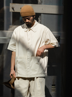 NOEARS春夏设计感白色短袖廓形宽松休闲衬衫男半袖大口袋痞帅衬衣