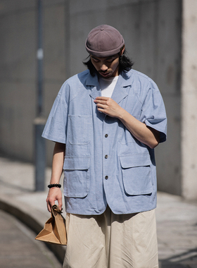 NOEARS夏季痞帅蓝色多口袋衬衫日系复古设计感宽松短袖通勤上衣男