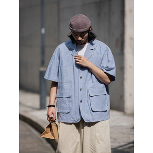 通勤上衣男 日系复古设计感宽松短袖 NOEARS夏季 痞帅蓝色多口袋衬衫