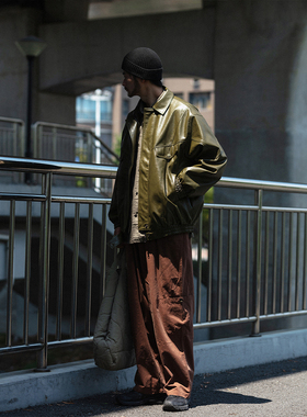 NOEARS复古绿色美式痞帅PU皮衣男潮酷翻领工装夹克百搭ins外套