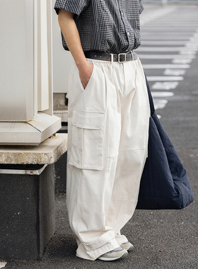 NOEARS复古松紧腰日系工装长裤磨毛直筒白色通勤宽松阔腿休闲裤男