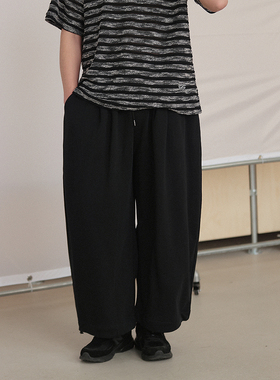 NOEARS日系复古黑色松紧腰通勤长裤春夏cityboy宽松直筒休闲裤