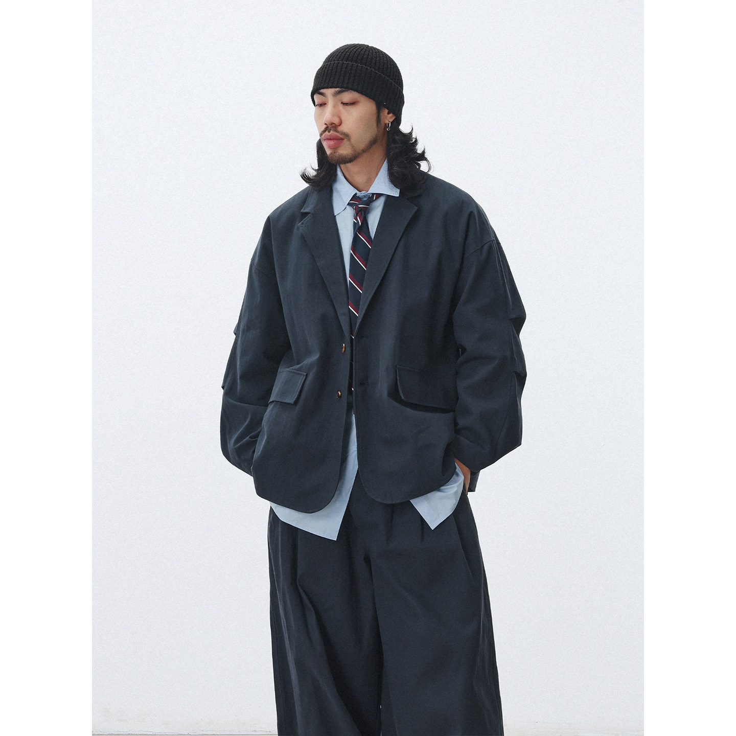 NOEARS秋季cityboy藏青色宽松保暖休闲西装日系设计感通勤外套潮图片