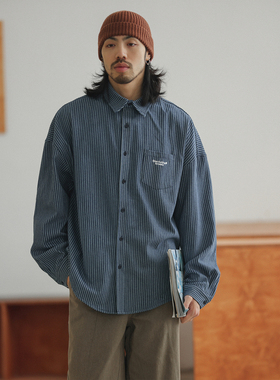 NOEARS春秋复古蓝色条纹宽松落肩长袖衬衫日系竖条纹刺绣方领衬衣