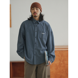 日系竖条纹刺绣方领衬衣 衬衫 NOEARS秋季 复古蓝色条纹宽松落肩长袖