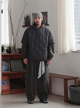 NOEARS日系复古深灰色宽松无领棉衣冬季保暖设计感叠穿短袖棉服