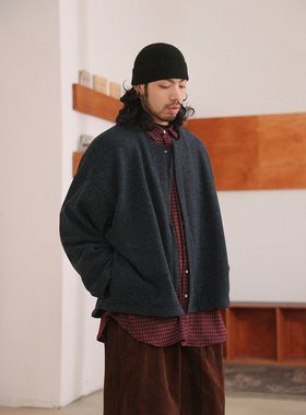 NOEARS日系复古无领灰藏青色宽松长袖夹克春季仿呢料落肩袖外套