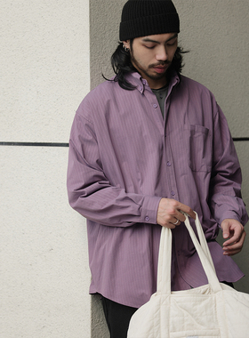 NOEARS秋冬紫色针织长袖条纹磨毛衬衫日系cityboy通勤休闲衬衣