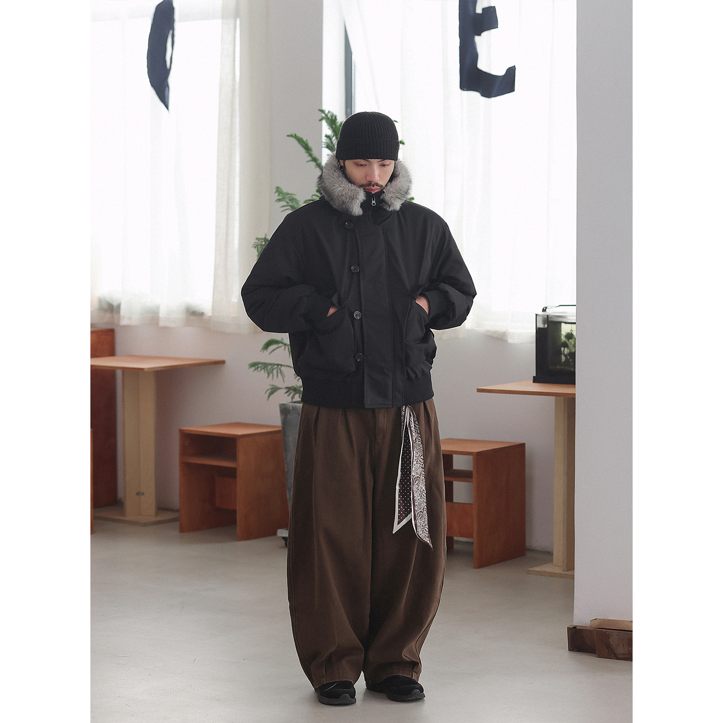 NOEARS冬季设计感黑色可拆卸毛领连帽羽绒服日系复古保暖厚外套