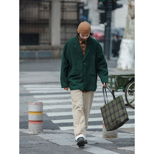 春秋休闲宽松复古绿西装