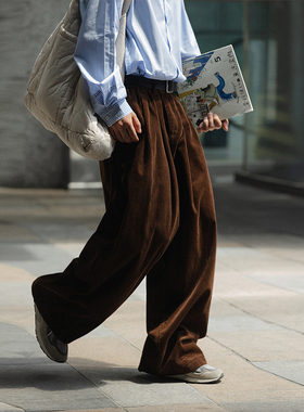 NOEARS复古棕咖色灯芯绒水洗工装休闲长裤男日系cityboy宽松阔腿