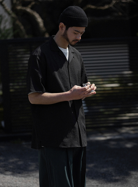 NOEARS肌理感黑色古巴领微宽松痞帅衬衫男夏季薄款日系复古衬衣潮