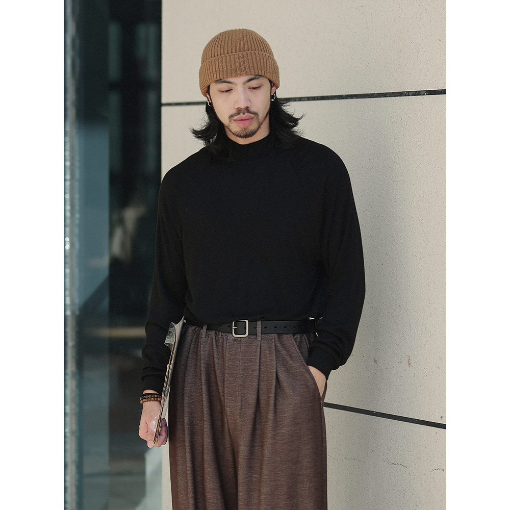 NOEARS秋冬黑色半高领长袖针织打底衫内搭日系基础款插肩袖上衣