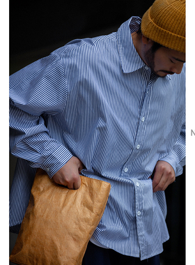 NOEARS复古Cityboy蓝色竖条纹长袖衬衫宽松日系休闲衬衣春通勤