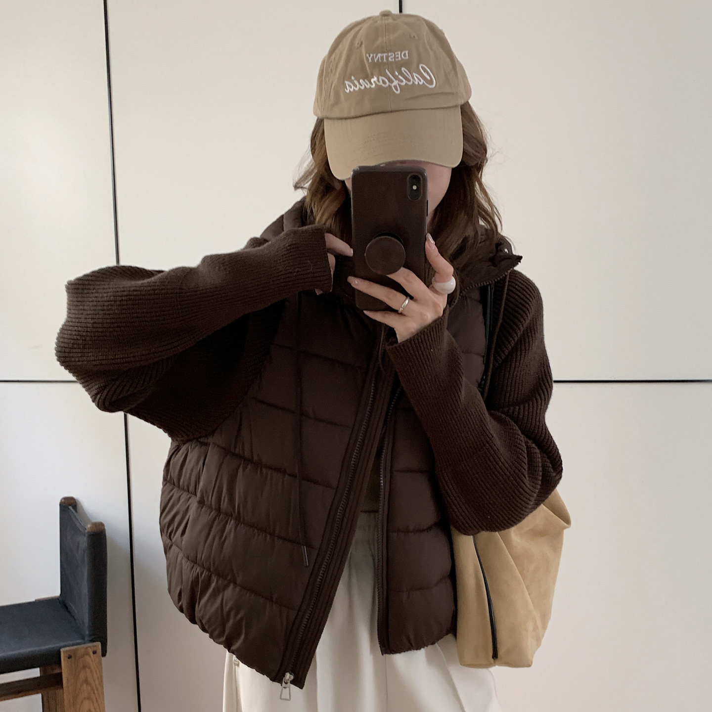 实拍轻薄针织毛衣袖拼接羽绒棉服女短款假两件2025冬季新百搭外套