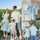 亲子装 一家三口四口三亚海边沙滩度假母子母女显瘦碎花连衣裙 夏季