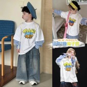 一家三口白色印花潮牌假两件宽大母女装 T恤新款 上衣 短袖 亲子装