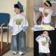 一家三口白色印花潮牌假两件宽大母女装 T恤新款 上衣 短袖 亲子装