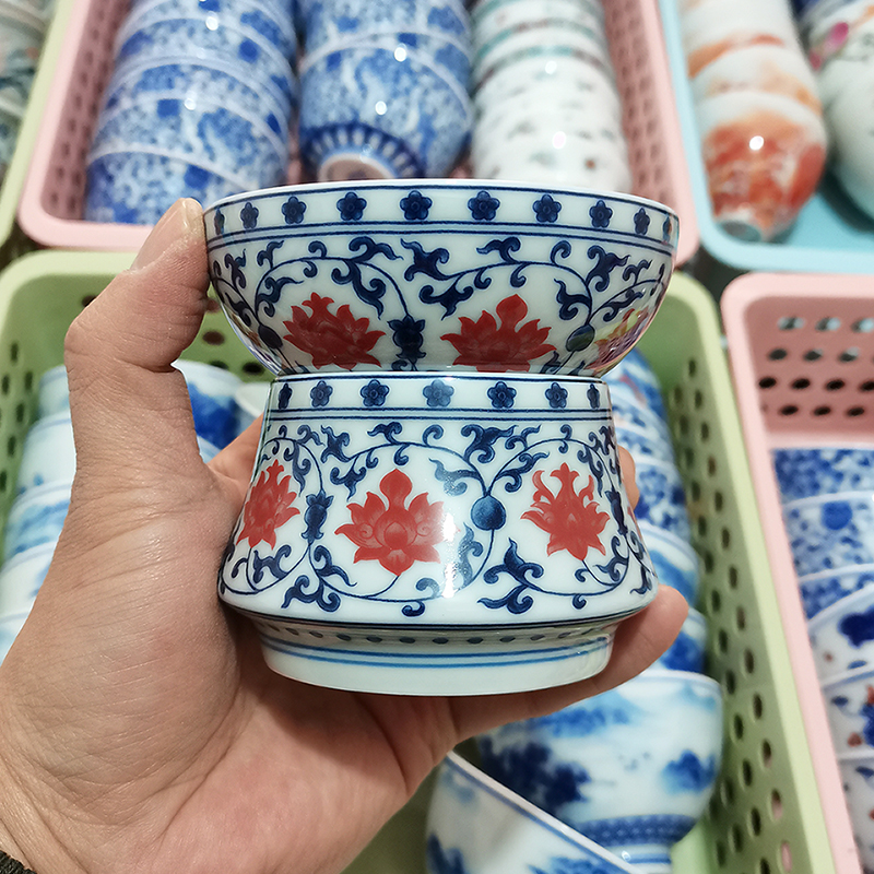 高档陶瓷青花釉里红缠枝莲茶滤