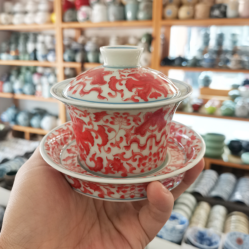 复古矾红陶瓷三才盖碗可选套装