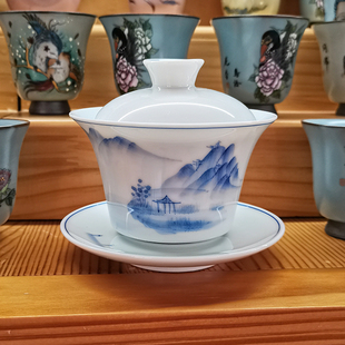高档手绘三才盖碗山水青花瓷功夫茶具单个泡茶碗家用送礼敬茶碗