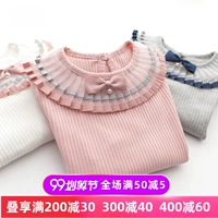 Áo thun bé gái quần áo xuân hè mặc xếp li ren ren áo trẻ em màu rắn nữ sơ mi dài tay - Áo thun áo thun bé gái xuất khẩu