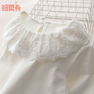 儿童长袖 女童春秋装 新款 打底衫 白色T恤蕾丝领女孩女宝宝上衣洋气