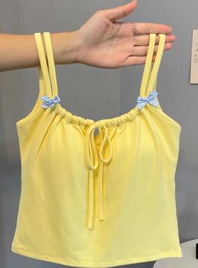 小鸡奶黄色系带蝴蝶结背心女夏外穿修身显瘦少女甜美bm芭蕾风上衣