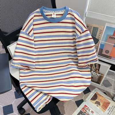 大码300斤超好看独特漂亮条纹t恤